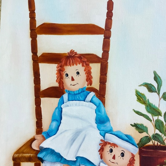 Vintage Raggedy Ann and Andy Large Oil Painting Canvas Initials On Back 18x24” - Picture 5 of 13